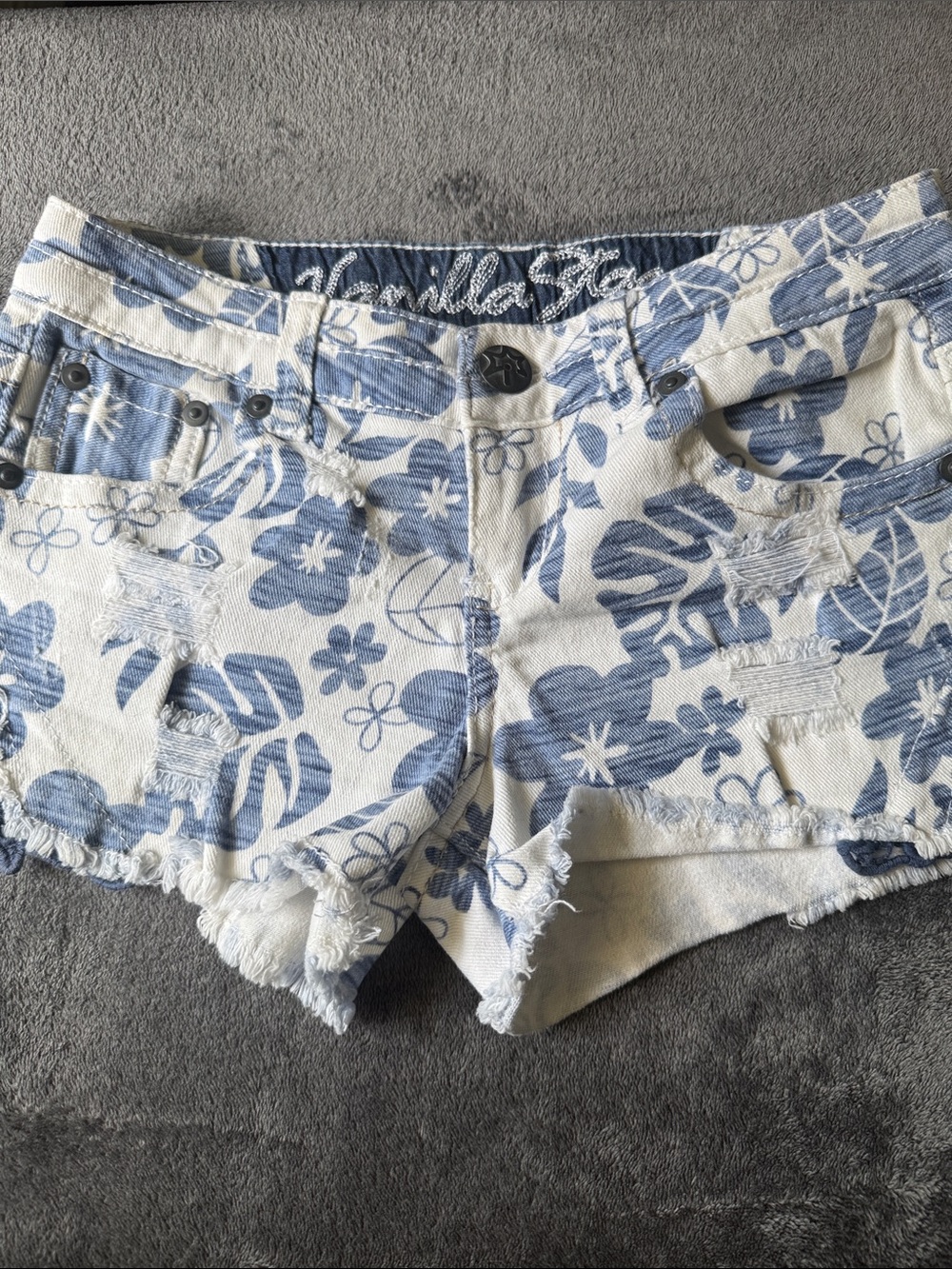 Vanilla Star White Denim Shorts with Blue Floral Print